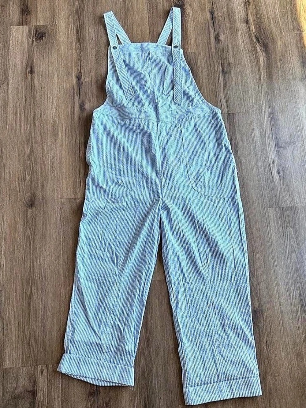 Free People Intown Dungarees Striped Wide Leg Overalls in Blue & White Large